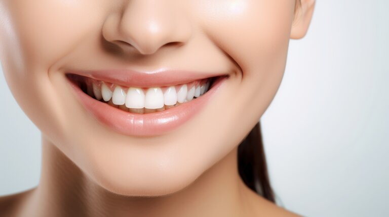 Schönes breites Lächeln einer jungen Frauen mit großen gesunden weißen Zähnen