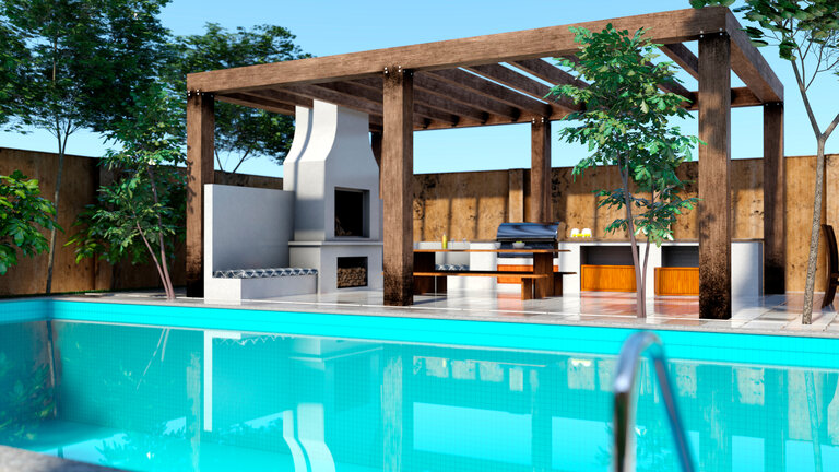 3D-Rendering einer mediterranen Außenküche am Pool